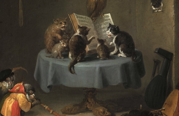 Peinture « Le Concert des chats » de David Teniers, illustrant des chats et d’autres animaux autour d’une partition de musique et jouant des instruments.