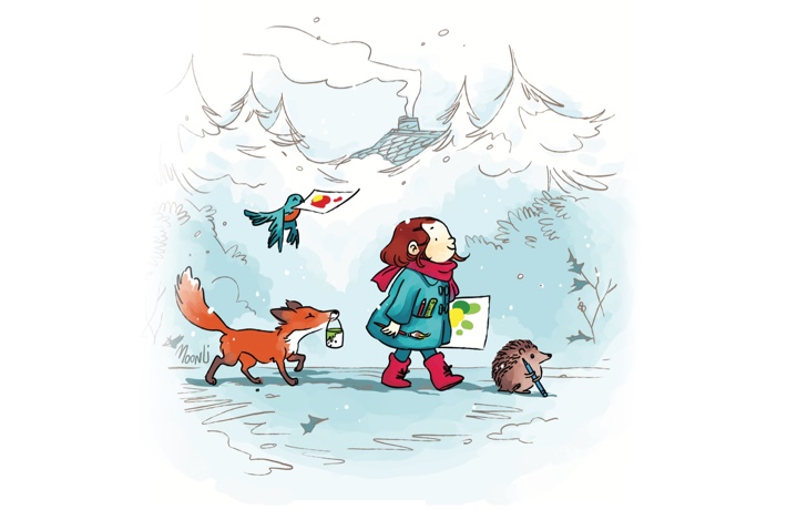 Illustration d'une petite fille marchant dans une forêt enneigée et portant une feuille dessinée. À ses côtés, un renard porte un pot de peinture, un hérisson porte un crayon et un oiseau une autre feuille dessinée.