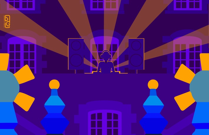 Illustration d'un DJ jouant de la musique dans la cour de l’Hôtel de Ville, avec des structures lumineuses en partie masquées au premier plan.