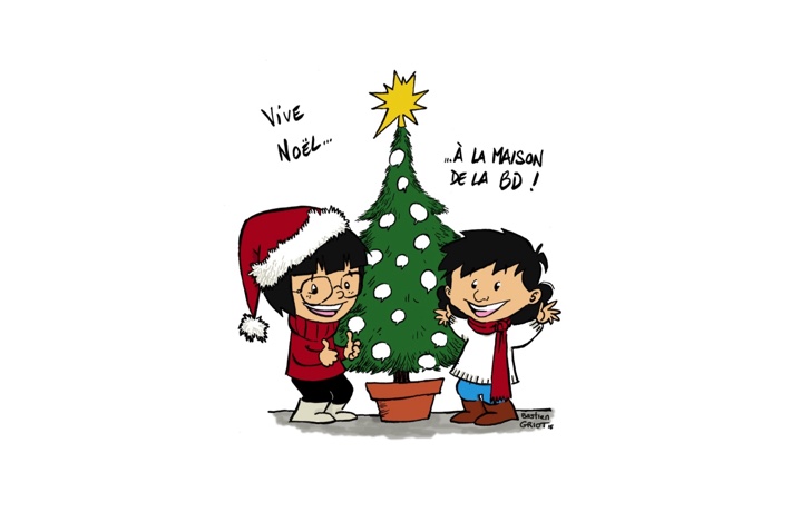 Deux personnages autour d’un sapin de Noël décoré par des bulles de bd disent, successivement, « Vive Noël », « à la Maison de la bd ».