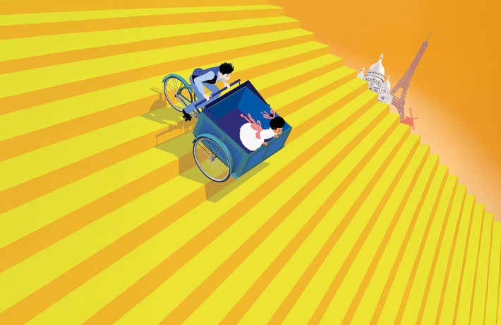 Illustration pour le film Dilili à Paris : Orel descend un immense escalier occupant la moitié de l’image avec son triporteur, avec Dilili dedans. un coin de l’image, le Sacré cœur, la Tour Eiffel et le Moulin Rouge.