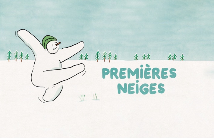 Extrait du film Premières neiges : un bonhomme de neige danse dans un grand champ enneigé avec quelques arbres à l’arrière-plan.