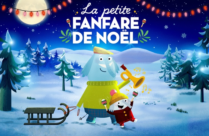 Extrait du film La Petite fanfare de Noël : Charlie et son grand-père Günter cherchent un sapin dans la forêt tout en jouant de la musique. Günter tire un traineau. C’est la pleine Lune et quelques guirlandes décorent les coins supérieurs de l’image.