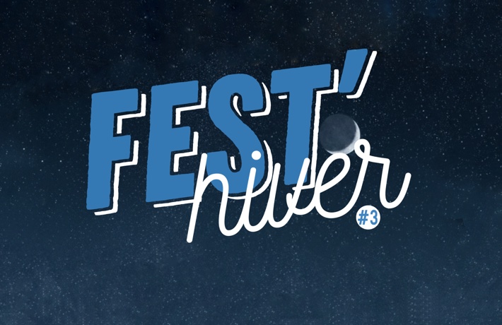 Affiche de l'évènement : les mots Fest et hiver sont écrits en bleu clair et blanc sur le fond bleu foncé d’une nuit hivernale.