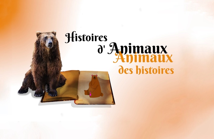 Affiche de l’évènement « Histoires d’animaux, animaux des histoires, avec un ours assis sur un livre dont la page de droite comporte une figure d’ours assis.