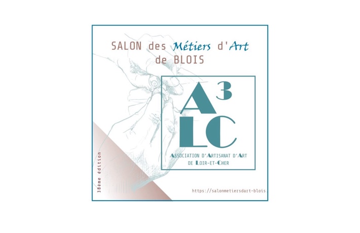 Affiche du 38e salon des métiers d’arts de Blois. Association d’artisanat d’art de Loir-et-Cher. En arrière-plan, illustration d’une personne taillant une bague.